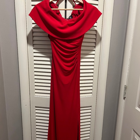 Xscape Long Over-The-Shoulder Dress With Long Slit in Red - Picture 1 of 10